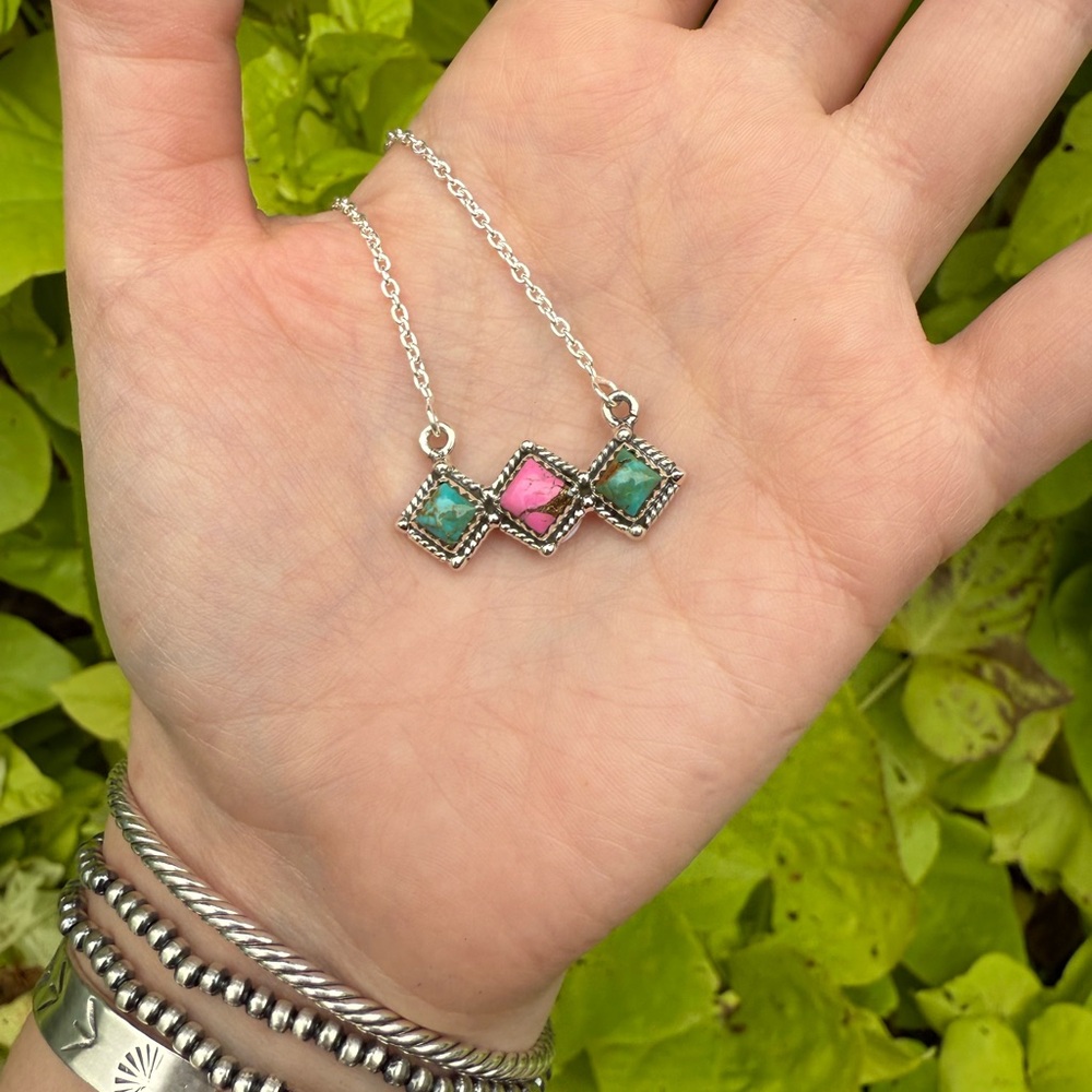 Cotton Candy And Turquoise Sterling Silver Bar Necklace